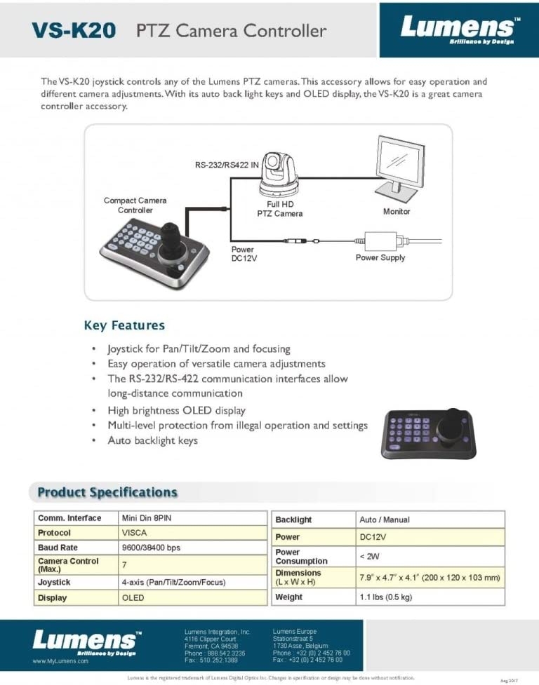 Lumens VS-K20 PTZ Camera Controller, Joystick for Pan/Tilt/Zoom and Focusing, RS-232/RS-422 Communication Interfaces, High - Image 4