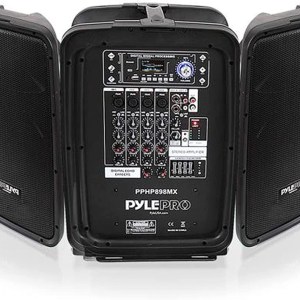 Pyle PPHP898MX 600 Watt 8-Channel Portable Bluetooth Wireless PA Speaker Amplifier Kit with 8" Subwoofer and 1" Horn Tweeter,