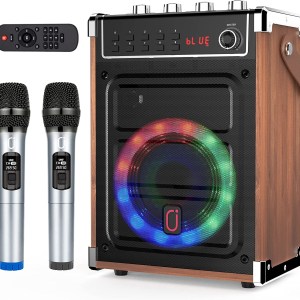 JYX Karaoke Machine with 2 UHF Wireless Microphones, Bluetooth Speaker with Bass/Treble Adjustment and LED Light, PA System