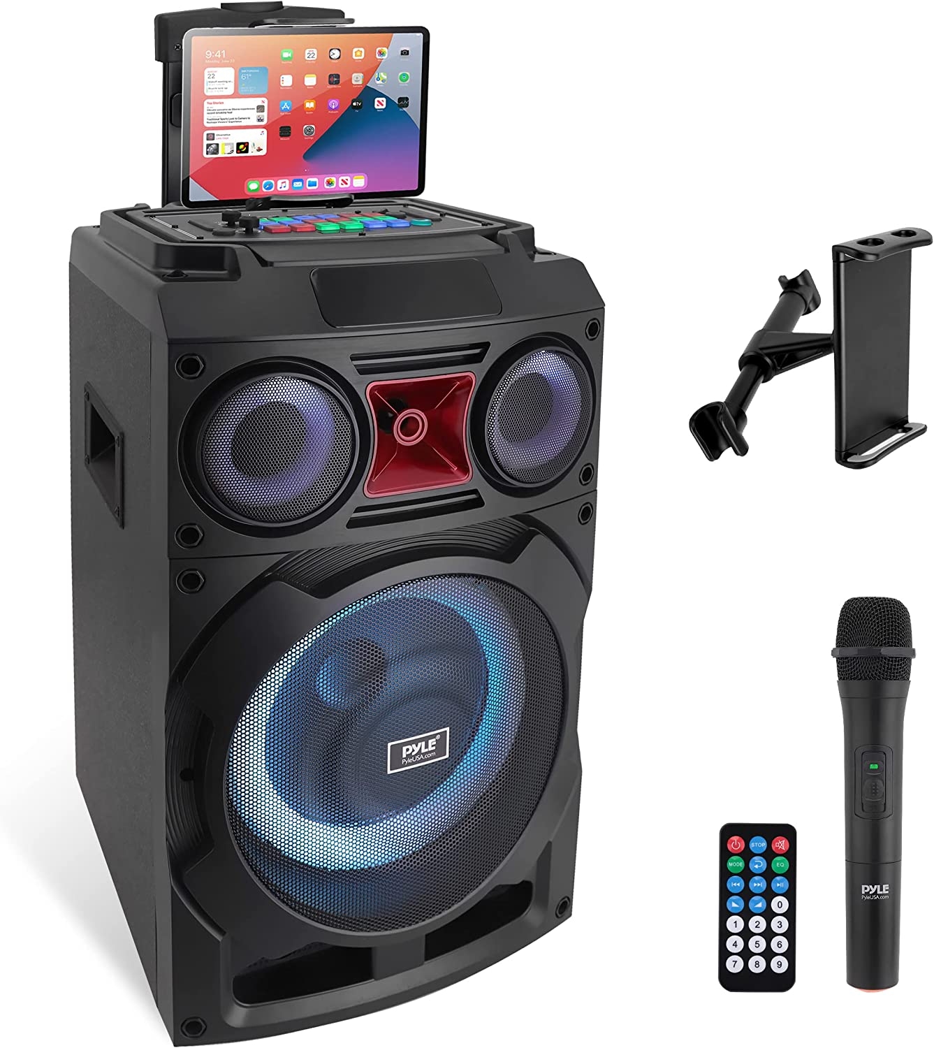 Pyle Portable Bluetooth PA Speaker System-600W 10” Indoor/Outdoor BT  Speaker-Includes 2 Wireless Microphones, Party Lights, USB SD Card Reader,  FM