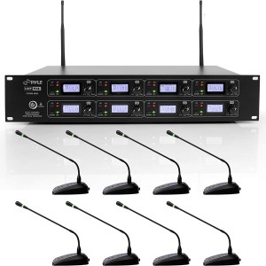 Pyle 8 Channel Conference Microphone System - UHF Desktop, Table Meeting Wireless Microphones & Receiver w/ 8 Gooseneck Mics,