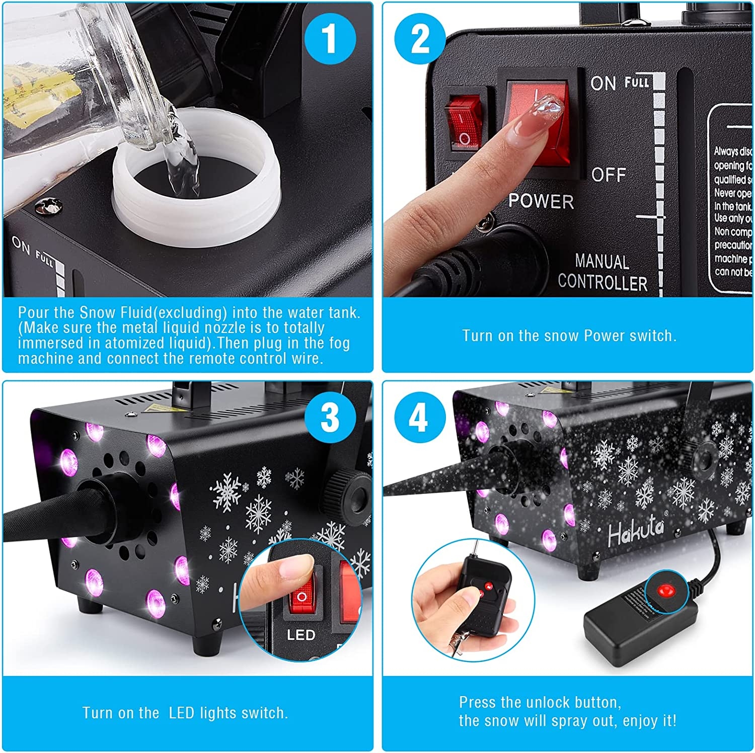 Snow Machine, Hakuta 800W Snow Machine with 8 LED RGB Lights, 13 LED Lighting Colors and 2 Remotes, Perfect for Christmas, - Image 4