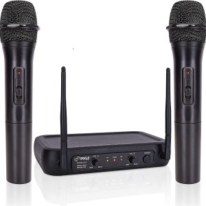 Pyle Channel Microphone System-VHF Fixed Dual Frequency Wireless Set with 2 Handheld Dynamic Transmitter Mics, Receiver Base-for