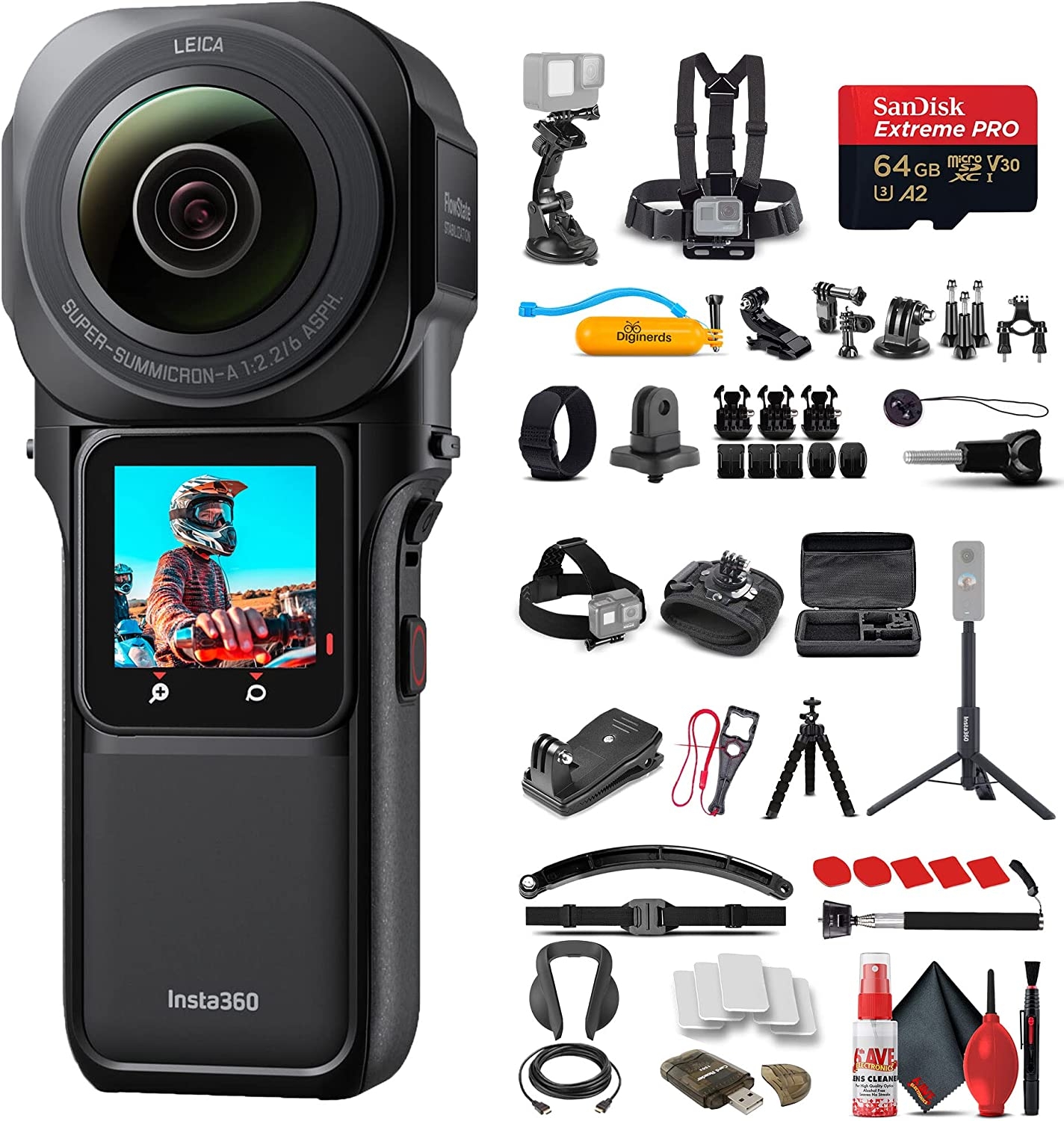  Insta360 ONE RS Twin Edition Waterproof 4K 60fps Action  Camera, 360 Camera, Stabilization, 48MP Photo, Active HDR, AI Editing +  50-in-1 Accessory Kit + 64GB Card + Card Reader + More : Electronics