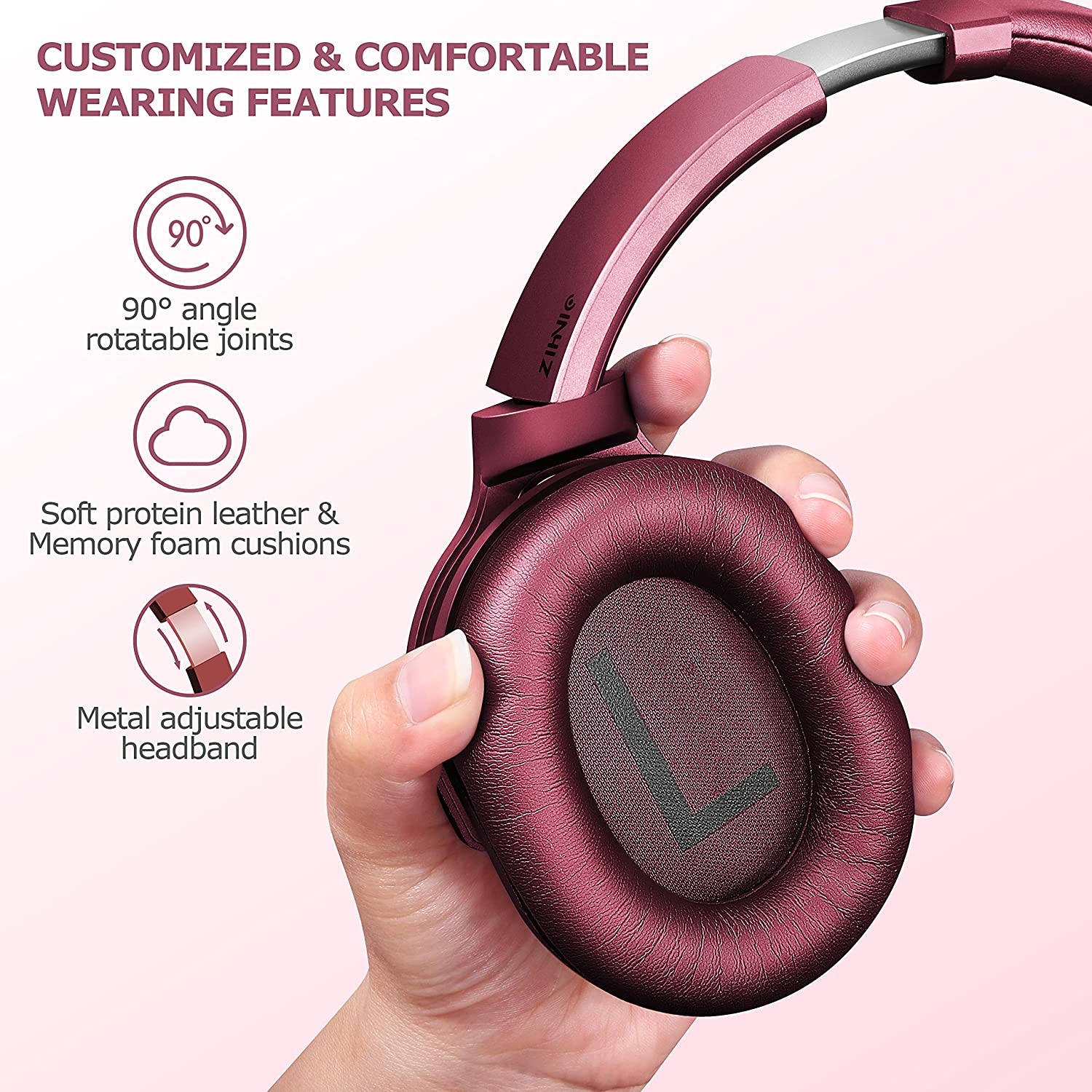 ZIHNIC Active Noise Cancelling Headphones, 40H Playtime Wireless Bluetooth Headset with Deep Bass Hi-Fi Stereo Sound,Comfortable - Image 8