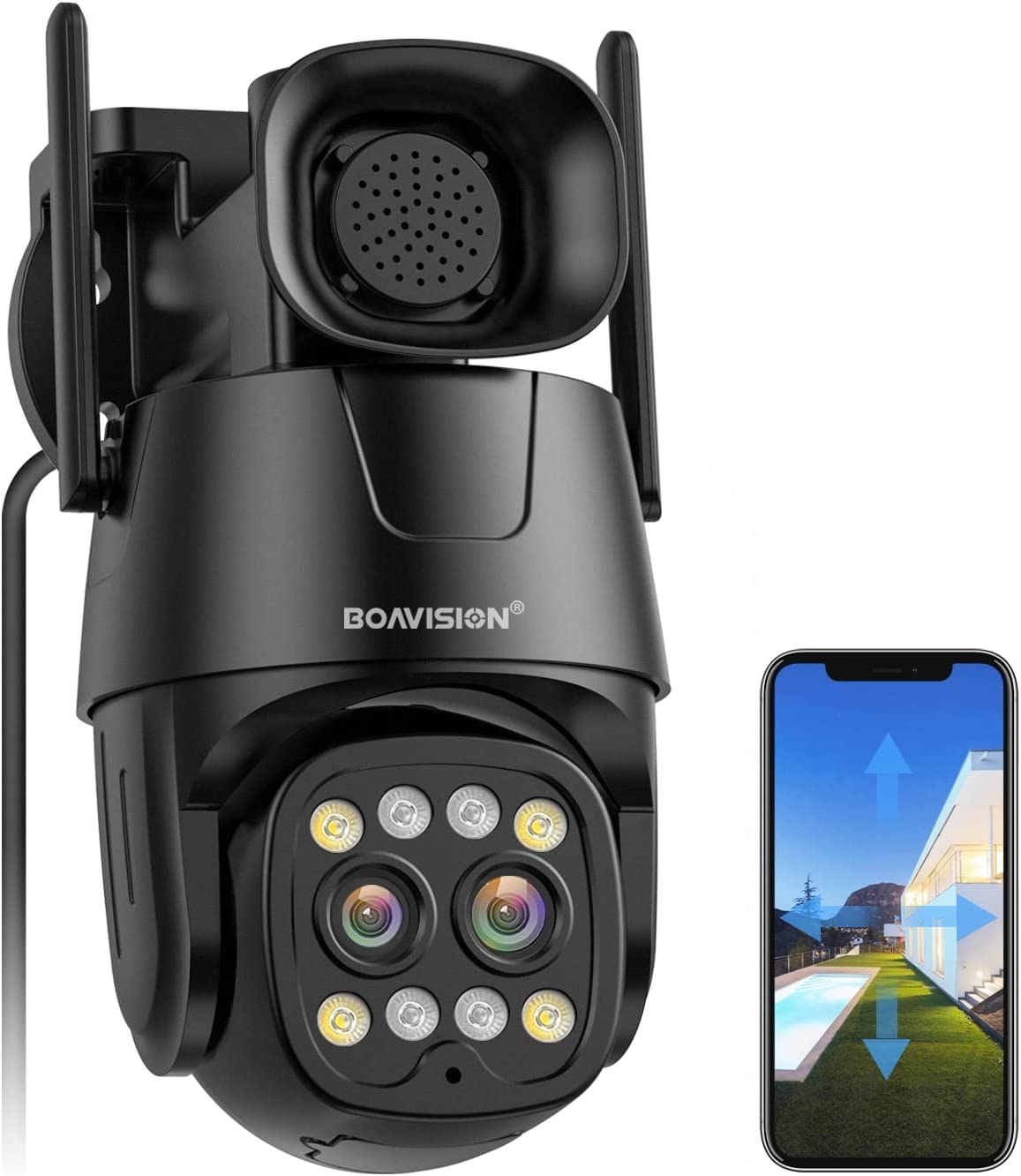 BOAVISION 2K Security Cameras Wireless Outdoor,360° View Dual Lens PTZ WiFi IP Camera Home Security Outdoor AI Human Tracking