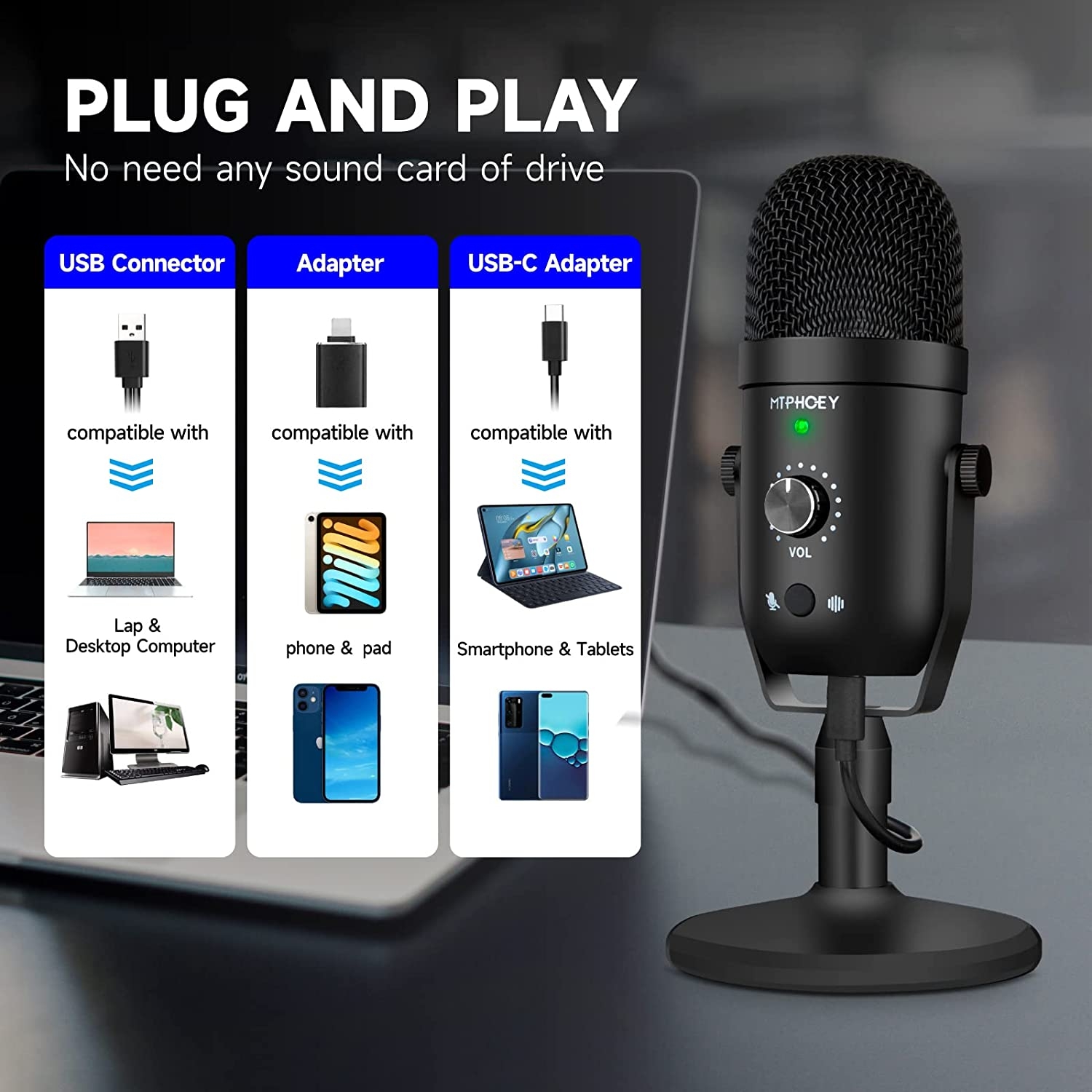 MTPHOEY Podcast Microphone for Phone, Professional USB Microphone for PC/Pad/PS4/i*O*S/Android,Computer Mic with Noise - Image 5