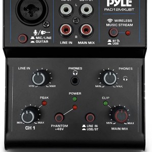 Professional Wireless DJ Audio Mixer - 2-Channel Bluetooth DJ Controller Sound Mixer w/ USB Audio Interface, RCA In, Combo Jack