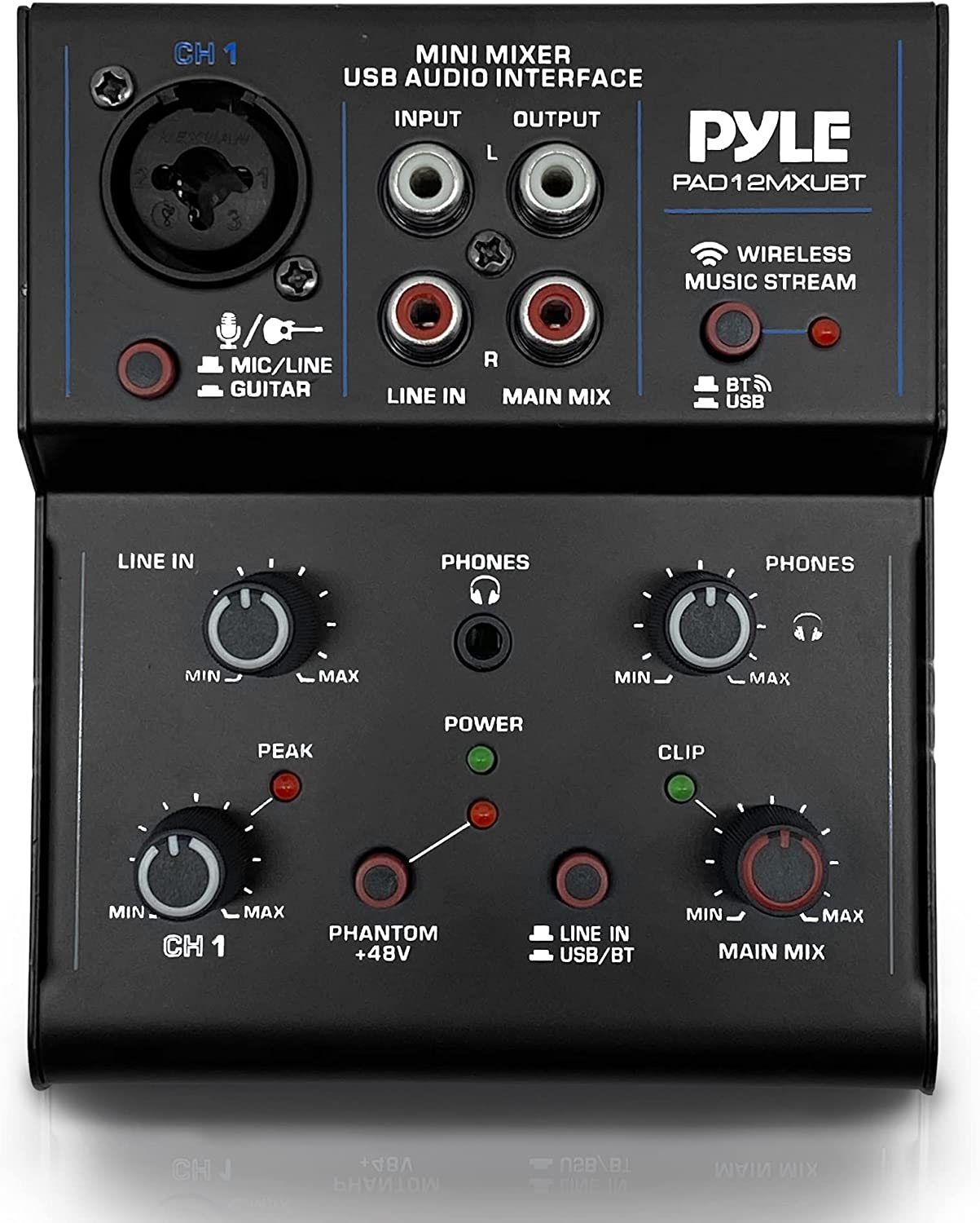 Professional Wireless DJ Audio Mixer - 2-Channel Bluetooth DJ Controller Sound Mixer w/ USB Audio Interface, RCA In, Combo Jack