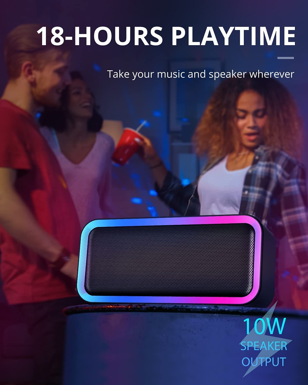 Kunodi Bluetooth Speaker, Bluetooth 5.0 Wireless Portable Speaker with 10W Stereo Sound, Party Speakers with Ambient RGB - Image 7