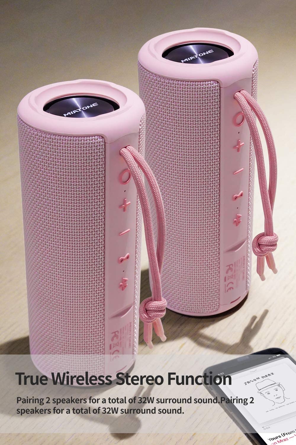 MIATONE Outdoor Portable Bluetooth Speakers Wireless Speaker Waterproof - Pink - Image 4