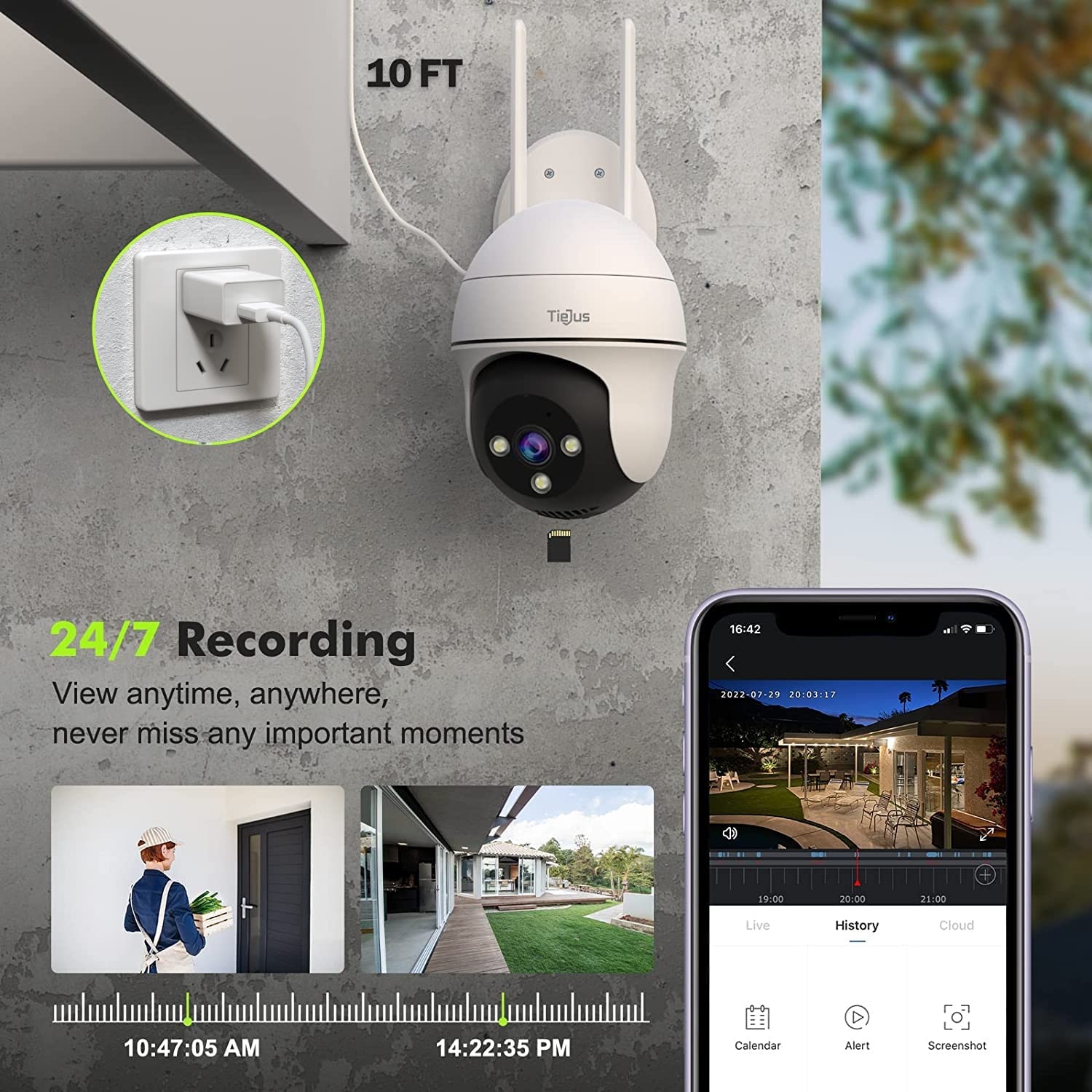 TIEJUS Security Camera Outdoor, 2K Outdoor Security Cameras with 360° PTZ, 2.4G WiFi Wired Home Surveillance Camera, 24/7, 3MP - Image 3