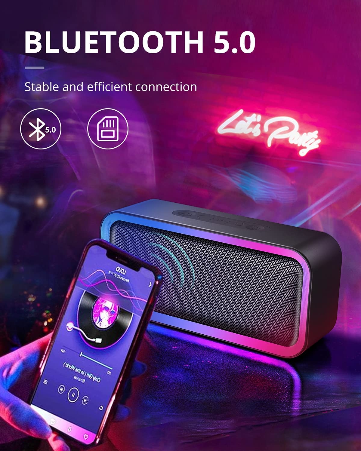 Kunodi Bluetooth Speaker, Bluetooth 5.0 Wireless Portable Speaker with 10W Stereo Sound, Party Speakers with Ambient RGB - Image 6
