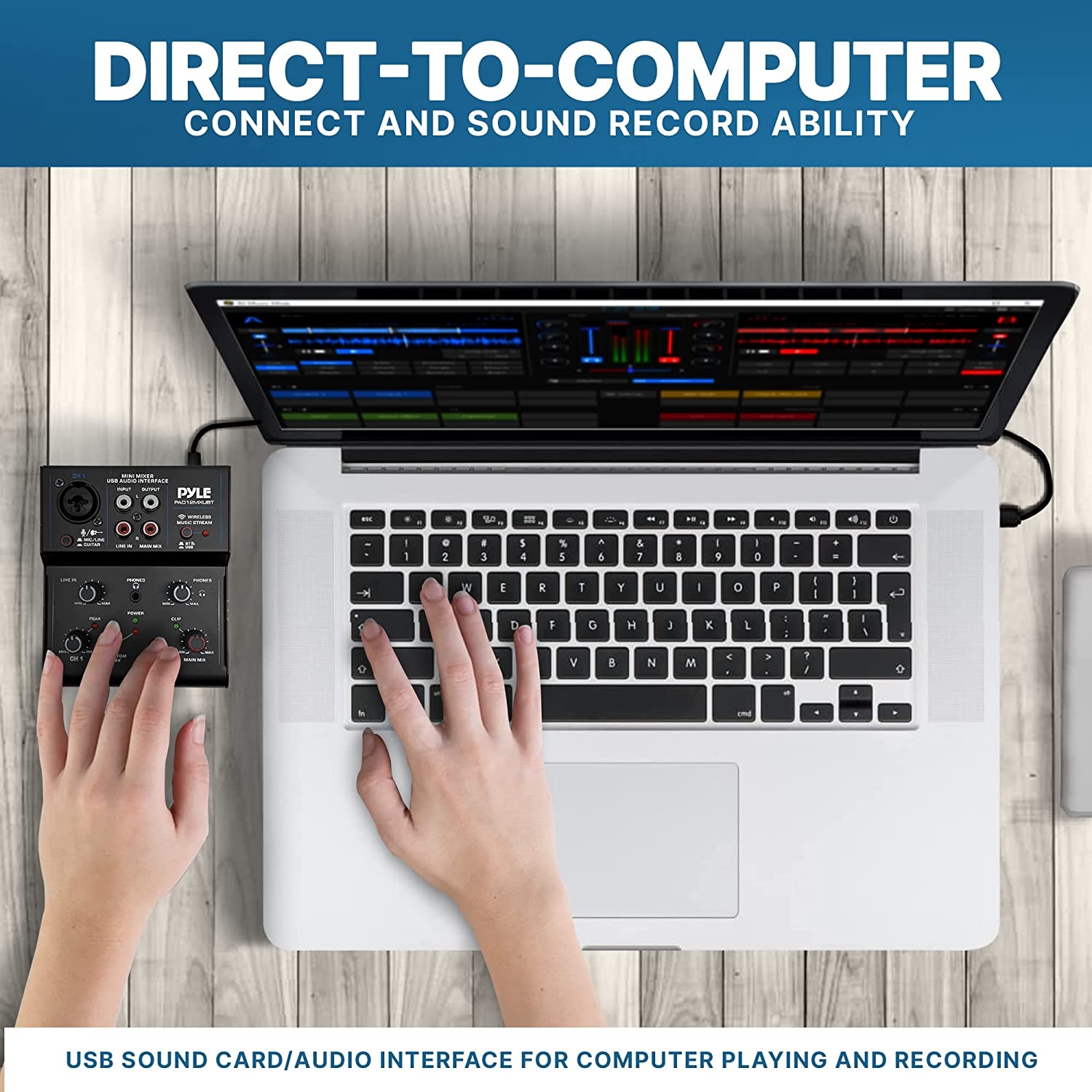 Professional Wireless DJ Audio Mixer - 2-Channel Bluetooth DJ Controller Sound Mixer w/ USB Audio Interface, RCA In, Combo Jack - Image 5