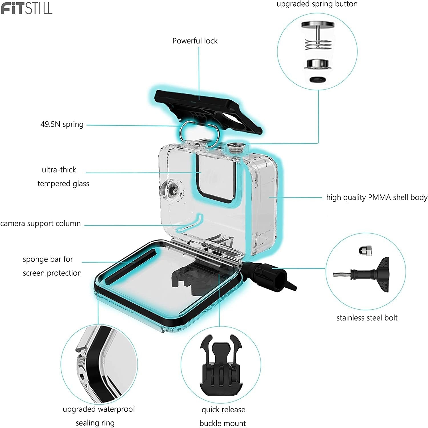 FitStill 60M Waterproof Case for GoPro Hero 11 Black/Hero 10 Black/Hero 9 Black, Protective Underwater Dive Housing Shell with - Image 13