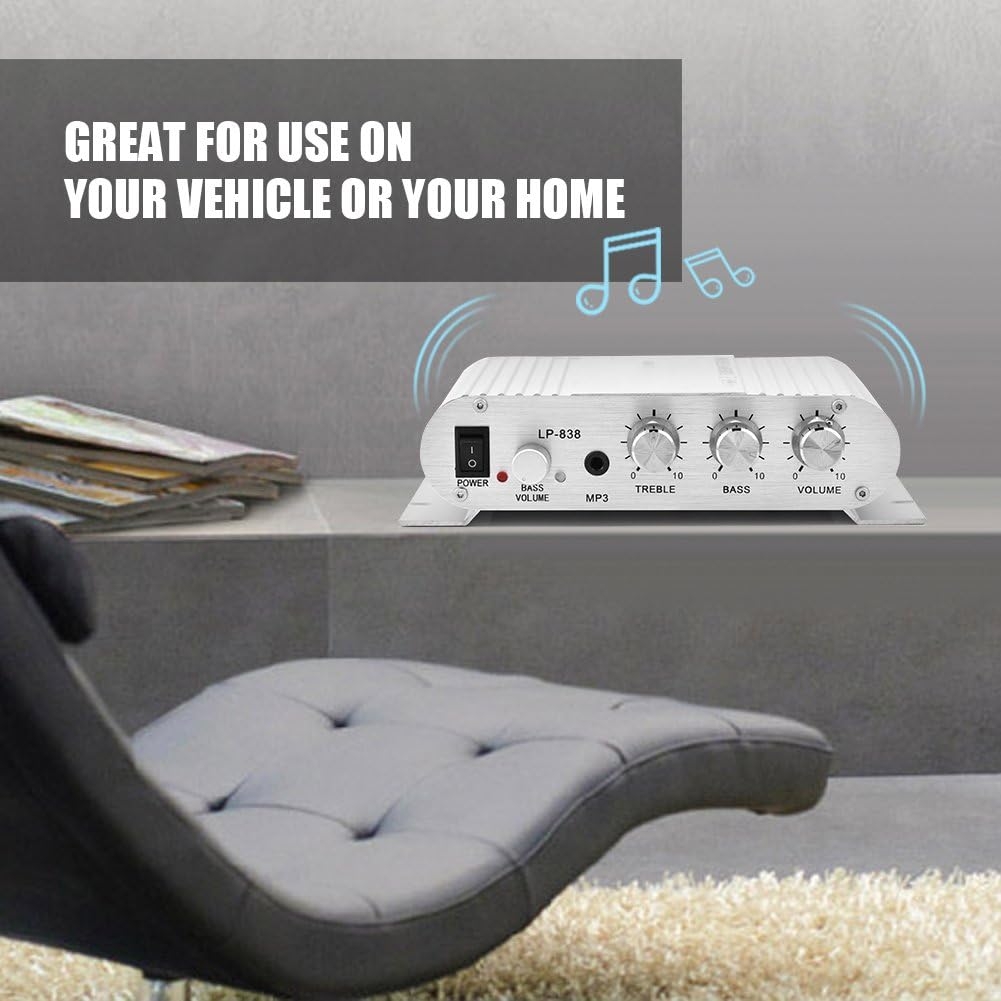 Junluck Amp, Power Amplifier, Lightweight Stereo Power Amplifier, Stereo Amplifier, for Vehicle for Home(Silver) - Image 4