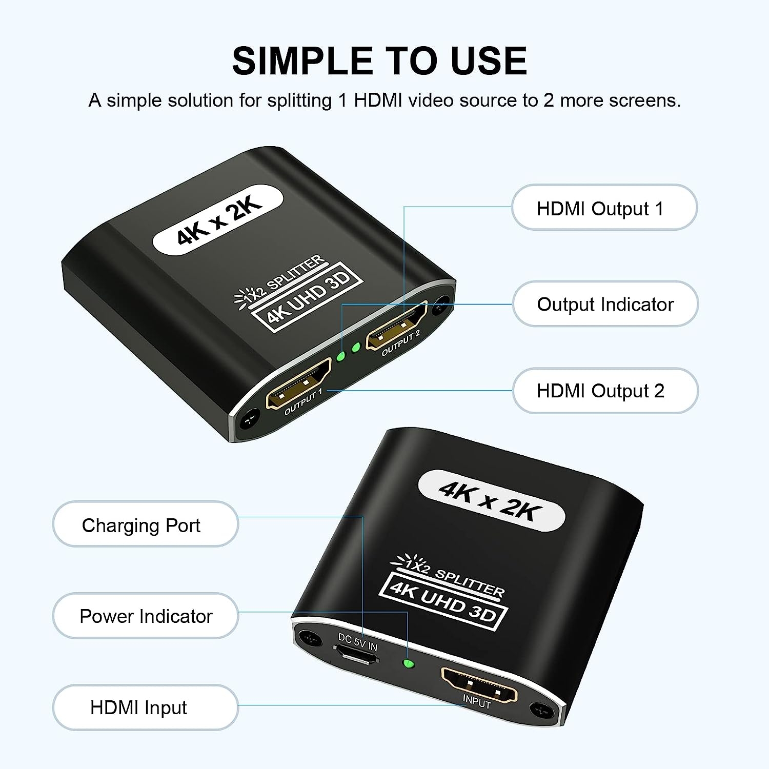 HDMI Splitter 1 In 2 Out, 4K@30Hz HDMI Splitter for Dual Monitors, Aluminum Powered HDMI Spliter for Mirror Screen,1x2 HDMI - Image 4