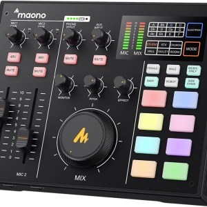 Audio Interface with DJ Mixer and Sound Card, Maonocaster Portable ALL-IN-ONE Podcast Production Studio with XLR Condenser