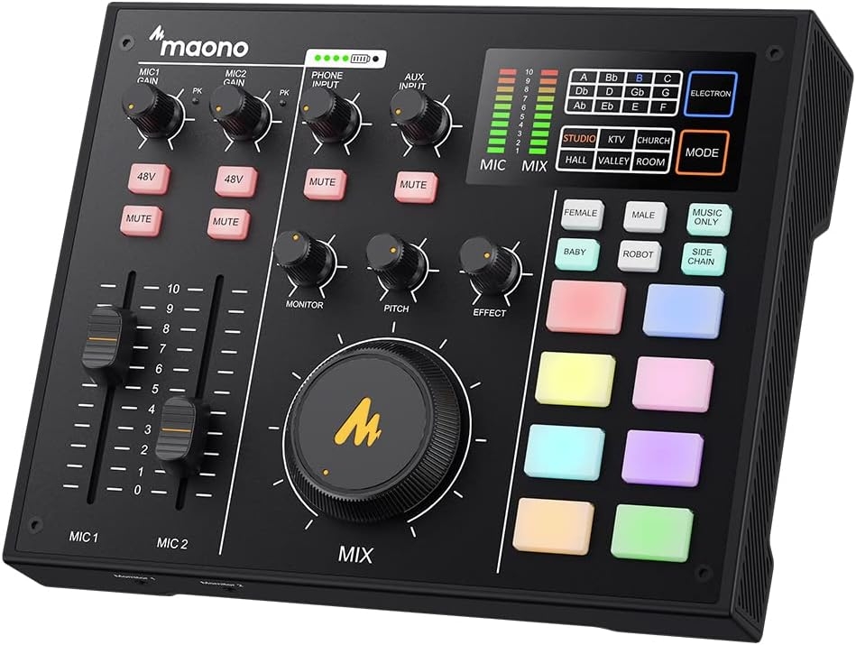 Audio Interface with DJ Mixer and Sound Card, Maonocaster Portable ALL-IN-ONE Podcast Production Studio with XLR Condenser