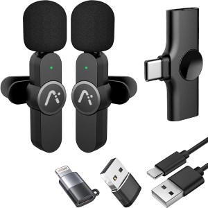 Aisizon Wireless Clip Mic, Wireless Lavalier Microphones, Lapel Clip-on Microphone, for Smartphone, Laptop, Video Recording,
