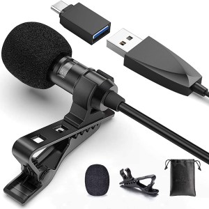 USB Lavalier Lapel Microphone for Video Recording Podcasting Streaming, USB C Clip-on Computer Microphones, Plug & Play