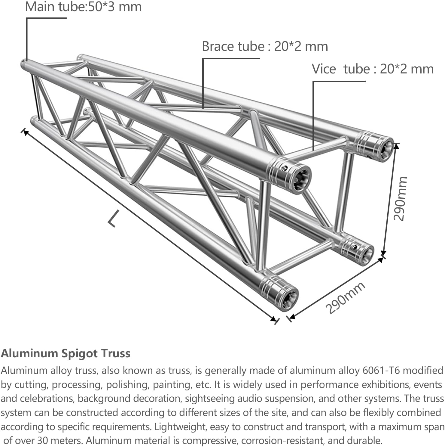 Farfarhome Portable Aluminum Truss 4.92 Ft. (1.5m) Aluminum 12"X12" 290mmx290mm Box Square Truss Trussing Segment (1.5m) - Image 3