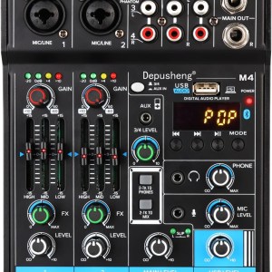 Depusheng M4 Audio Mixer 4-Channel Portable Mini Sound Mixer DJ Mixing ​Console with Sound Card, Bluetooth Function, USB, 48V