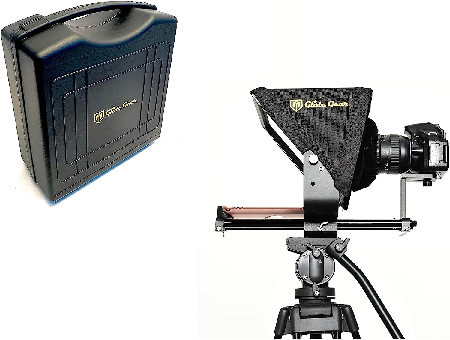 Glide Gear TMP 500 Universal Video Camera Tripod Teleprompter 15mm Rails w/ Carry Case