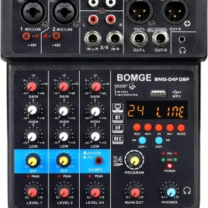 BOMGE 4 Channel mini DJ Audio Sound Mixer Interface with MP3、 USB, Bluetooth, Stereo Recording, 48V Phantom Power, 24 DSP for