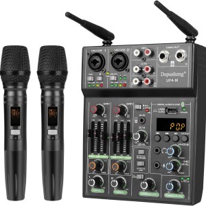 Depusheng UF4-M Audio Mixer 4-Channel Sound Mixing Boards- Professional Portable Bluetooth Digital DJ Mixing Console with