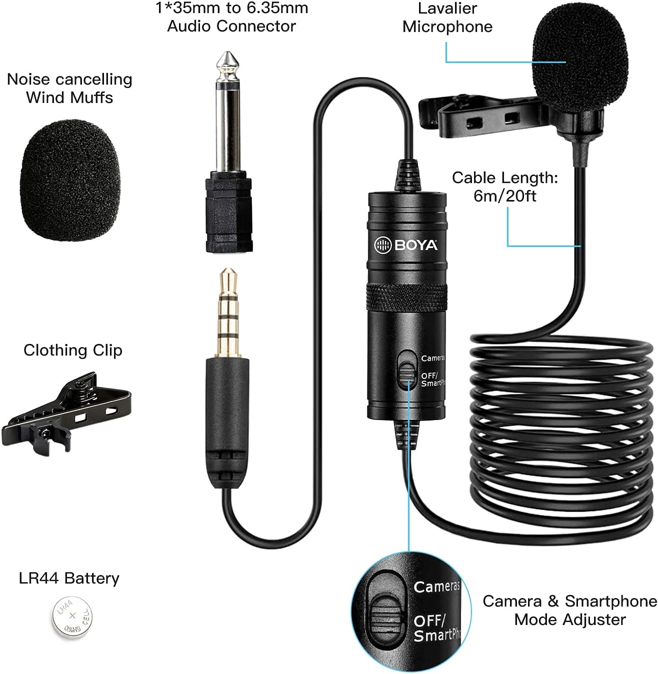 BOYA Microphones by-M1 Compact Smartphone Camera DSLR Lavalier Microphones for iPhone Android Samsung Sony Nikon (19.7ft) - Image 5