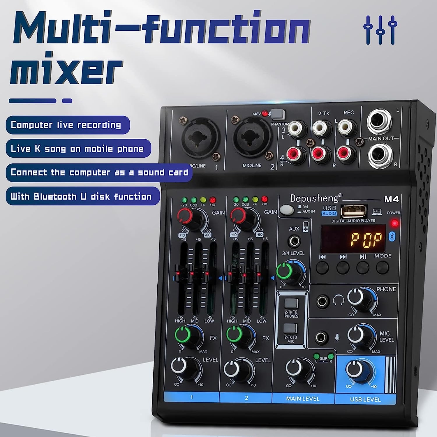 Depusheng M4 Audio Mixer 4-Channel Portable Mini Sound Mixer DJ Mixing Console with Sound Card, Bluetooth Function, USB, 48V - Image 2