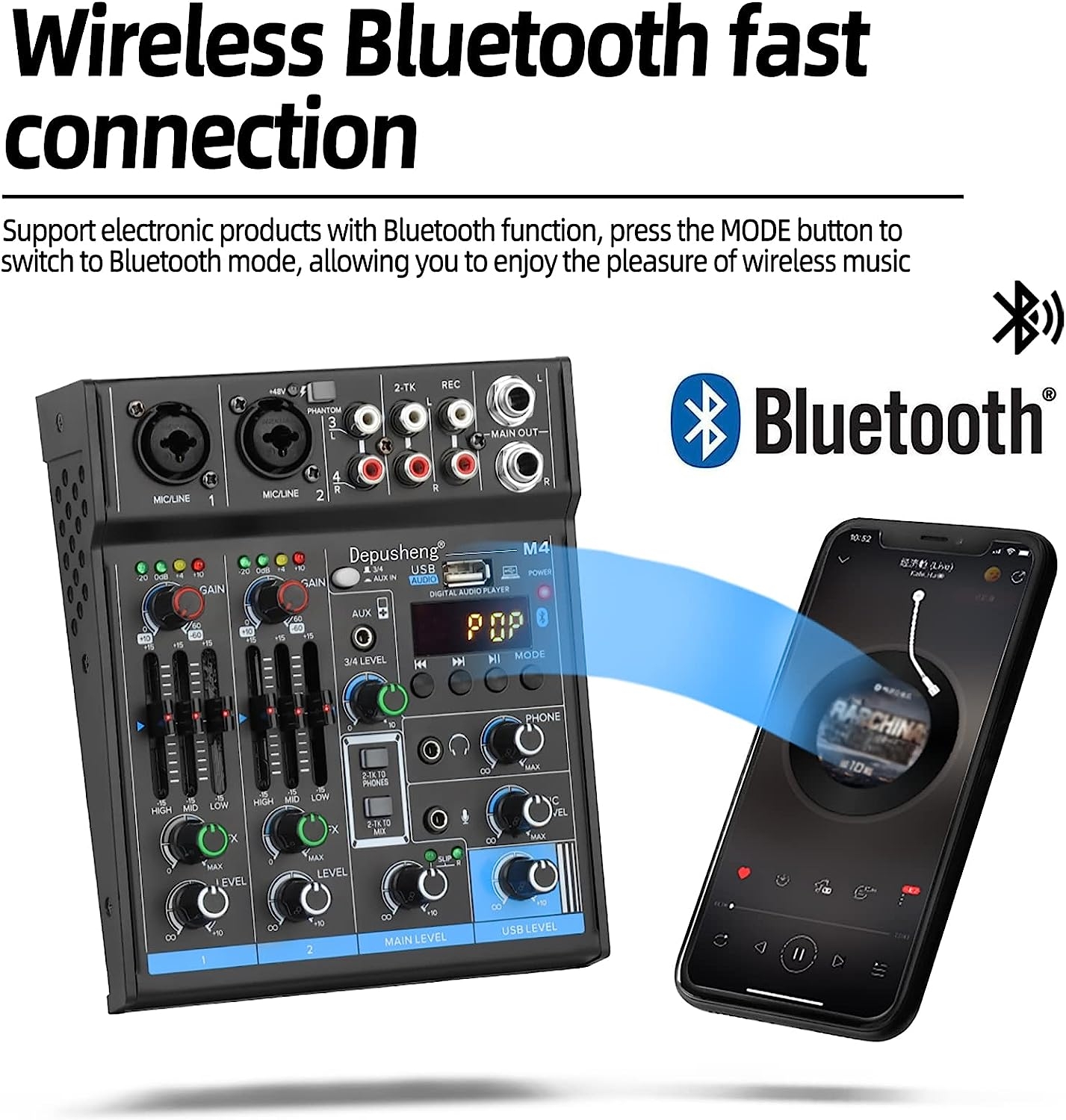 Depusheng M4 Audio Mixer 4-Channel Portable Mini Sound Mixer DJ Mixing Console with Sound Card, Bluetooth Function, USB, 48V - Image 6