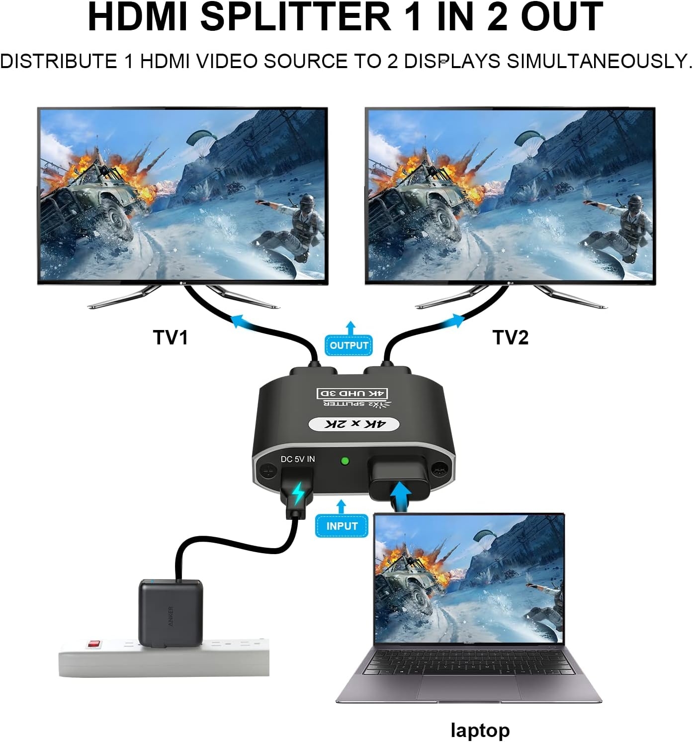 HDMI Splitter 1 In 2 Out, 4K@30Hz HDMI Splitter for Dual Monitors, Aluminum Powered HDMI Spliter for Mirror Screen,1x2 HDMI - Image 2