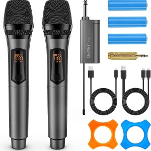 Wireless Microphones, Karaoke Microphone, UHF Wireless Dual Handheld Dynamic Microphone System with Rechargeable Mic and