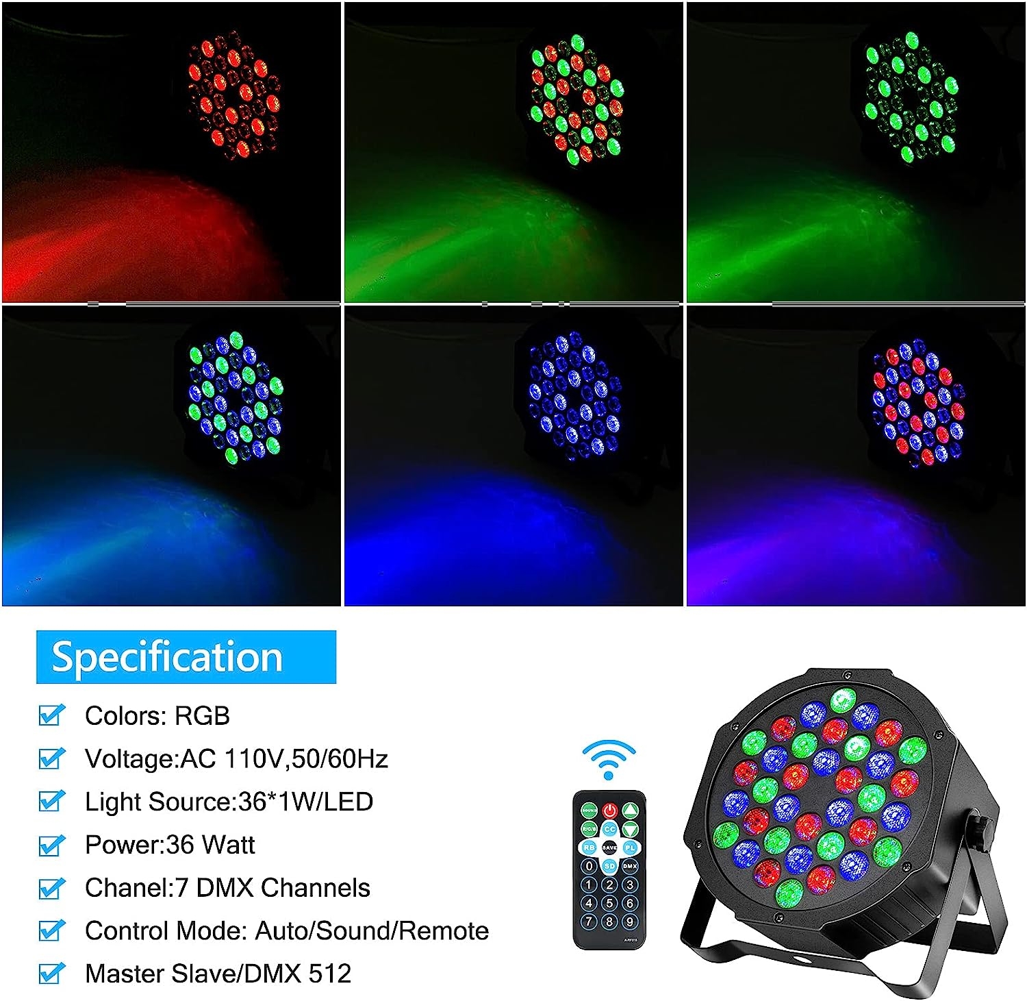 Litake DJ Par Lights, RGB 36 LED Stage Lights Sound Activated,Remote & DMX Controlled LED Uplights,7 Modes Uplighting for Dance - Image 2