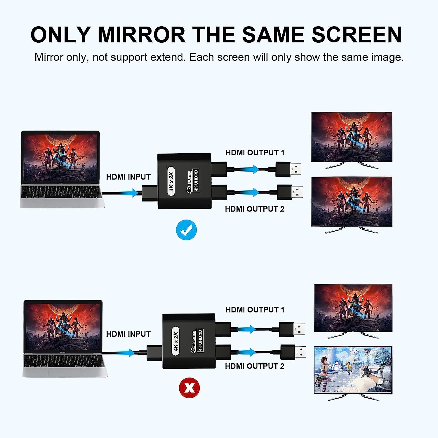 HDMI Splitter 1 In 2 Out, 4K@30Hz HDMI Splitter for Dual Monitors, Aluminum Powered HDMI Spliter for Mirror Screen,1x2 HDMI - Image 5
