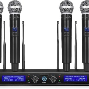 MicrocKing Wireless Microphone System, UHF 4 Channel Cordless Mic Set with Handheld Mics/Lavalier Bodypacks, Metal Build, Fixed