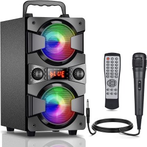 60W Bluetooth Speakers Portable Wireless Speaker with Double Subwoofer Heavy Bass, FM Radio, Microphone, Lights, Remote, EQ,