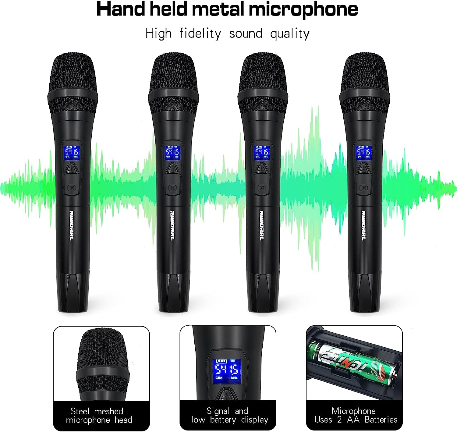 UHF Wireless Microphone System with 4 Cordless Handheld Dynamic Mic, 180ft Range Transmission, for Karaoke Wedding Party Church - Image 2