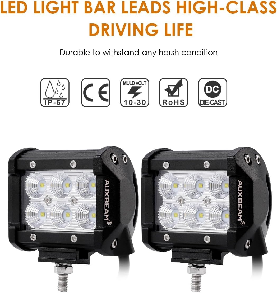 Auxbeam 4" LED Pods 18W LED Light Bar Flood Beam LED Off Road Driving Lights with Wiring Harness for SUV ATV UTV Trucks Pickup - Image 8