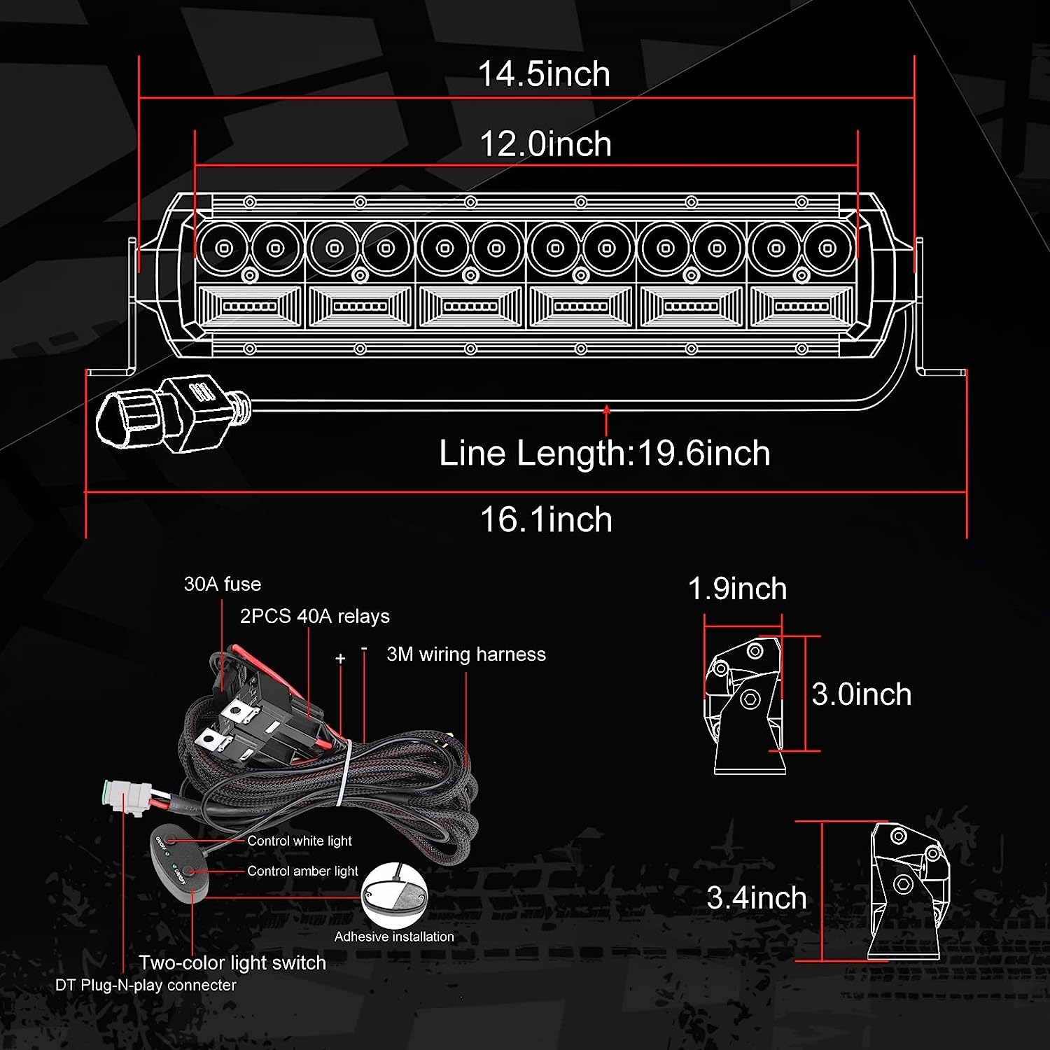 12 Inch LED Light Bar, Auto Power Plus White + Amber Dual Row Light Bar w/Wiring Harness LED Pods Off Road Driving Light Spot - Image 2