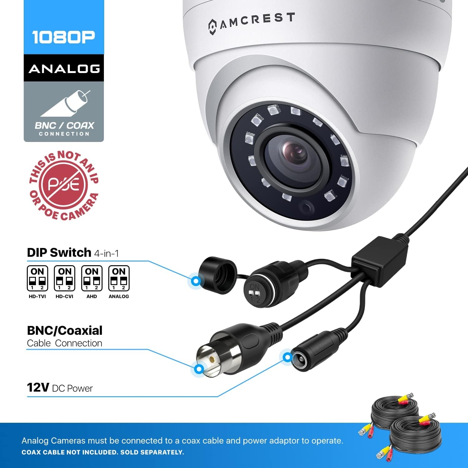 Amcrest Full HD 1080P 1920TVL Dome Outdoor Security Camera (Quadbrid 4-in1 HD-CVI/TVI/AHD/Analog), 2MP 1920x1080, 98ft Night - Image 2