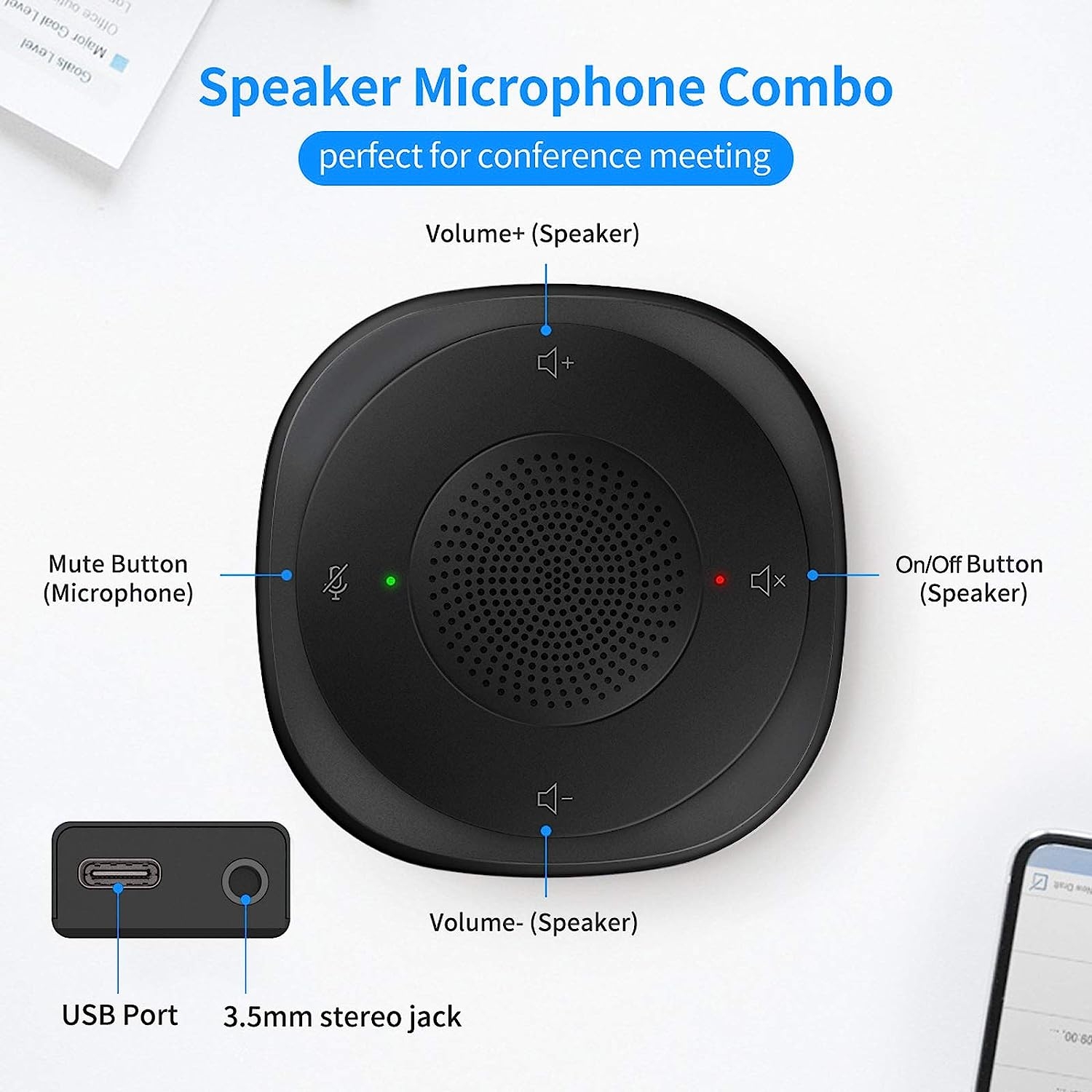 USB Speakerphone Microphone, Conference Speaker Omnidirectional Computer Mic, with 360º Voice Pickup, Touch-Sensor Buttons for - Image 3