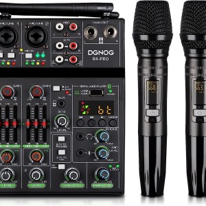 Professional Audio Mixer, 4 Channel Sound Mixer With Dual Wireless Mic, Sound Board Console MP3 Bluetooth 48V Phantom Power USB