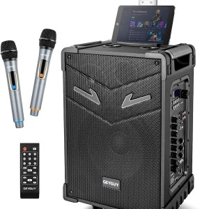 Portable PA System,Karaoke Machine,3-Way 10'' Outdoor Speaker,GEYGUY,Rechargeable Bluetooth 5.0 with Wireless Crystal mic,LED