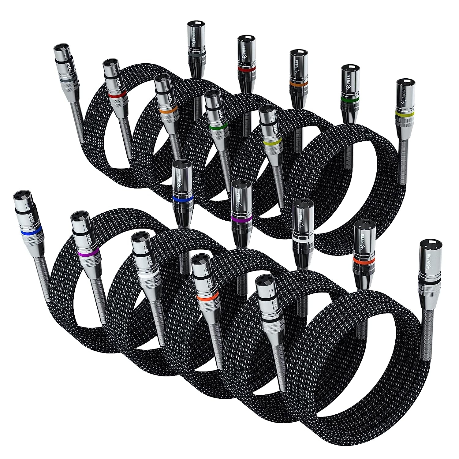 XLR Cable 15ft-6 Pack, FIBBR Microphone Cable Nylon Braided XLR Male to Female Heavy Duty Balanced Microphone Cord Compatible