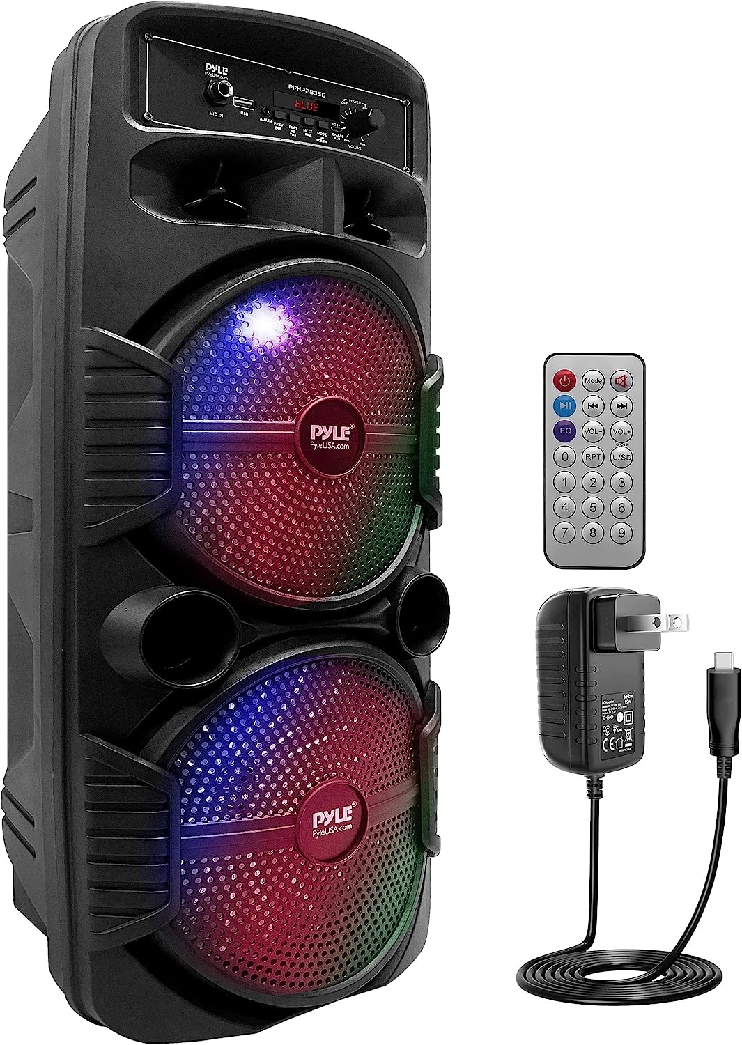 Pyle Portable Bluetooth PA Speaker System - 600W Rechargeable Outdoor Bluetooth Speaker Portable PA System w/Dual 8” Subwoofer