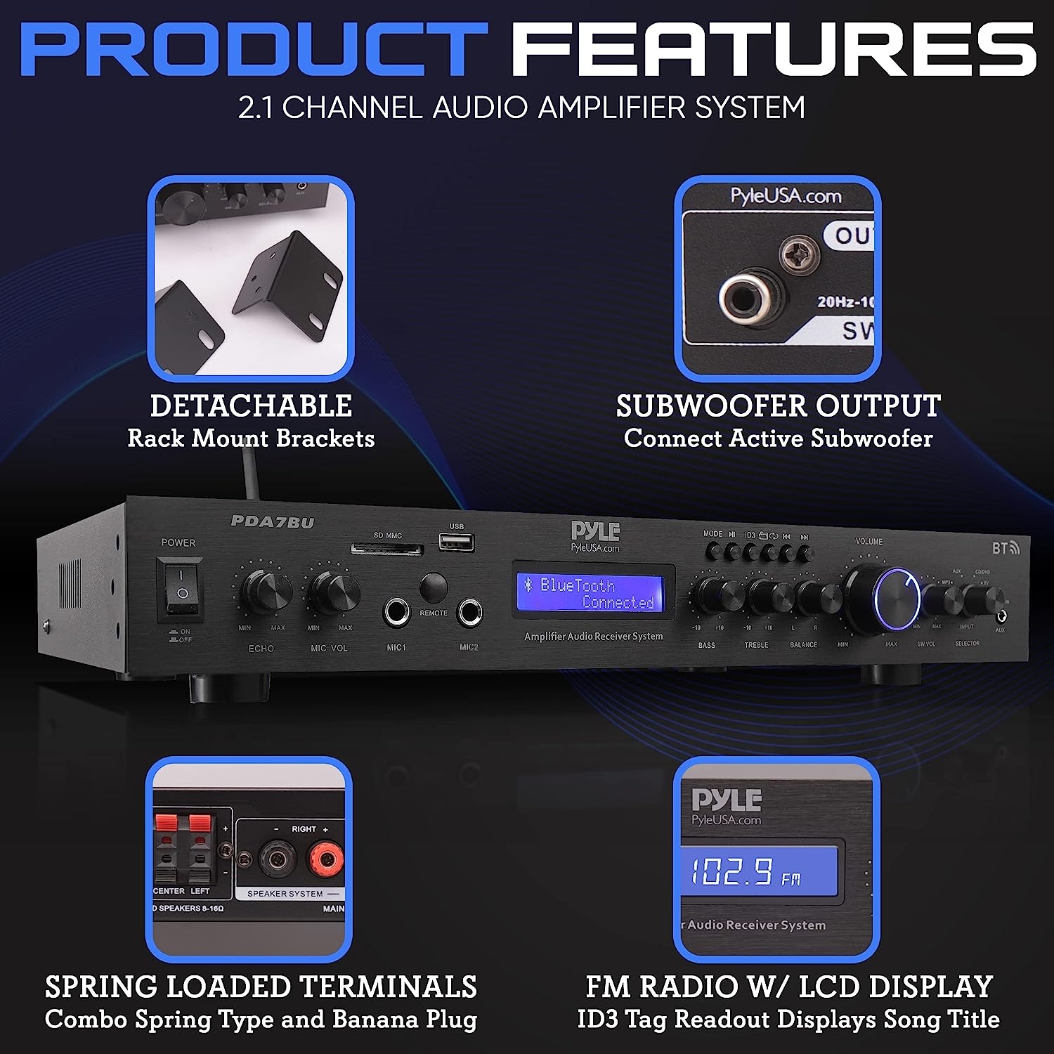 Pyle - PDA7BU (Black) - 5 Channel Rack Mount Bluetooth Receiver, Home Theater Amp, Speaker Amplifier, Bluetooth Wireless - Image 15