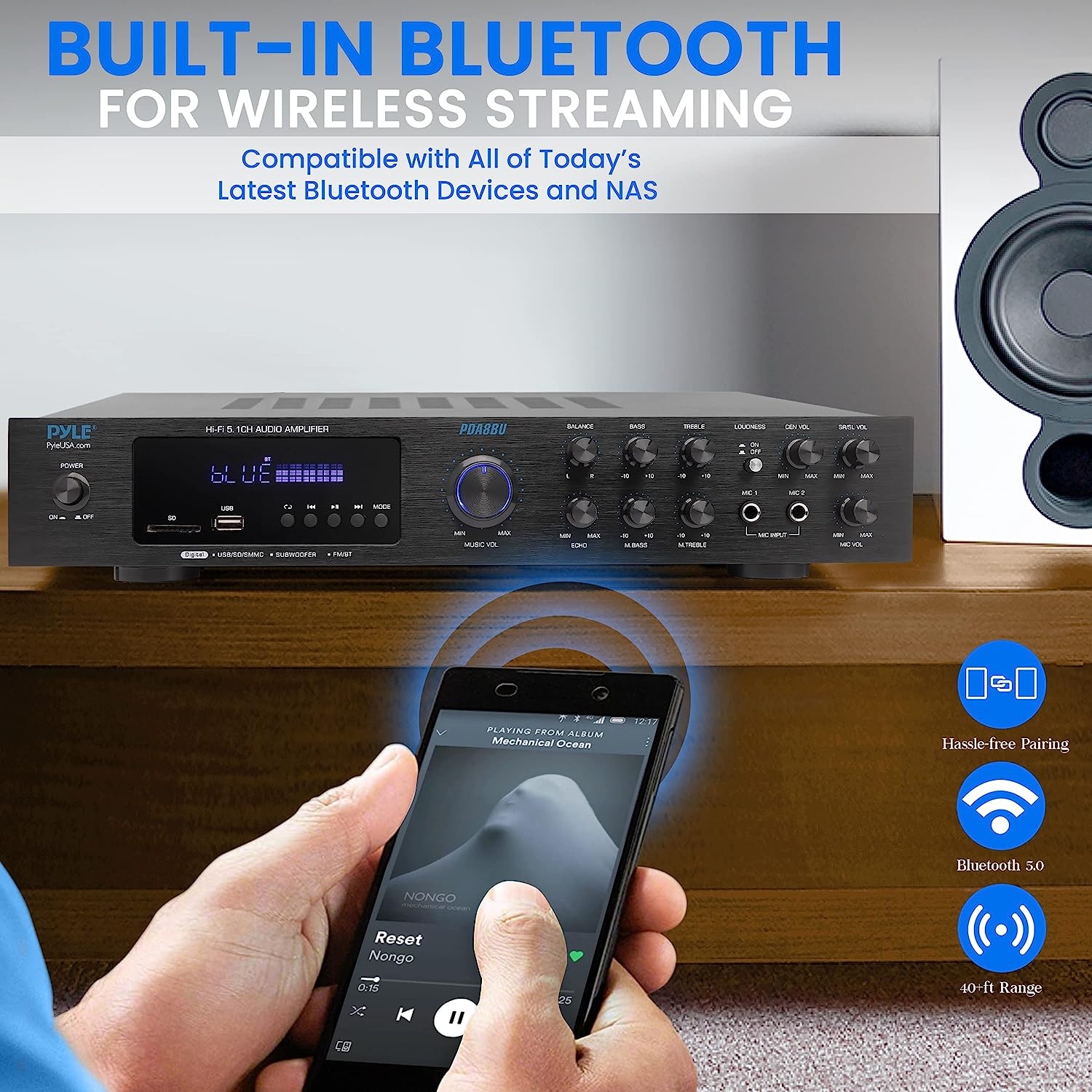 Pyle - PDA7BU (Black) - 5 Channel Rack Mount Bluetooth Receiver, Home Theater Amp, Speaker Amplifier, Bluetooth Wireless - Image 4